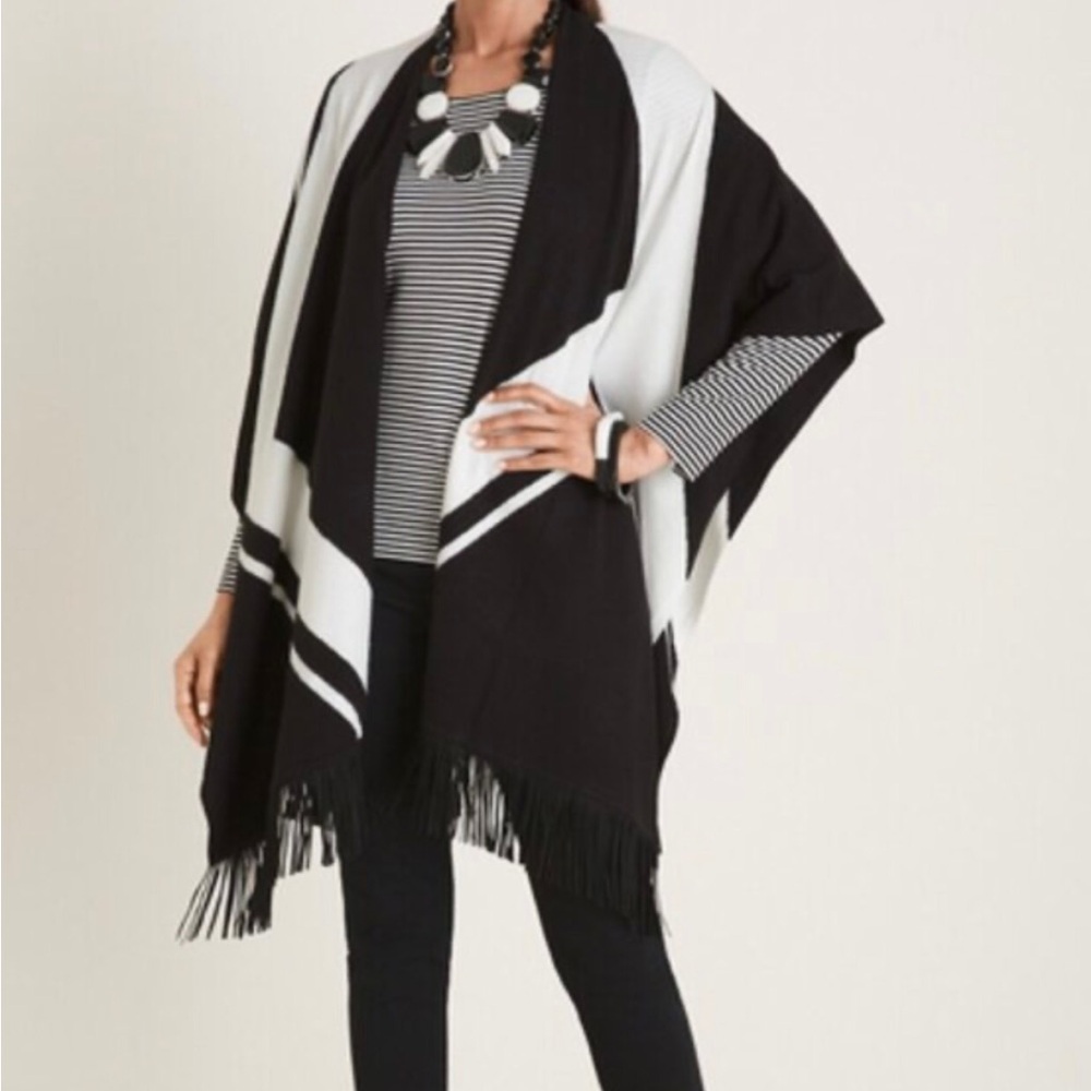 Chico's Black and White Fringed Wrap Shawl Sweater Cozy